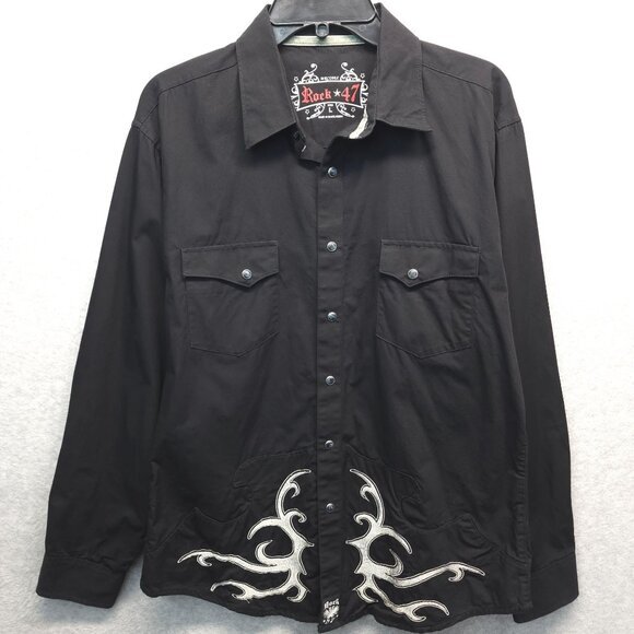 Rock 47 Mens Black Embroidered Long Sleeve Western Shirt Pearl Snap Wrangler Y2K - Picture 1 of 15